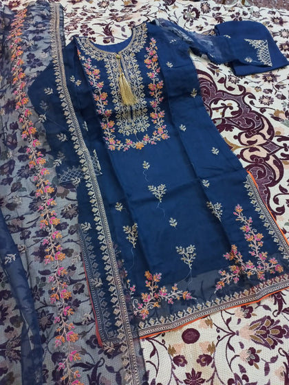 3pc Eid Collection neck & daman embroidery with  with touching handwork suit for women