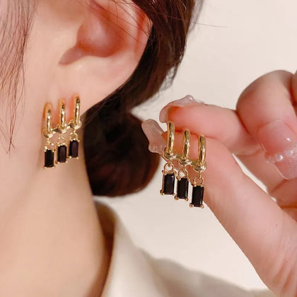 Luxury three layers black tassels zircon studs earings for women