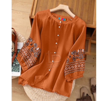 Sleeve Embroidery Button Down Shirt for Women