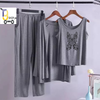 Gray printed 3 pcs night suit for women