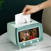 2 IN 1 TV Shape Tissue Box with Mobile Holder Tissue Box Holder Multifunctional Tissue Box Cover For Bathroom Rectangular Napkin Holder With 2 in 1 Mobile Phone Slot End Table ABS Plastic Facial Paper Storage Organizer For Nightstand