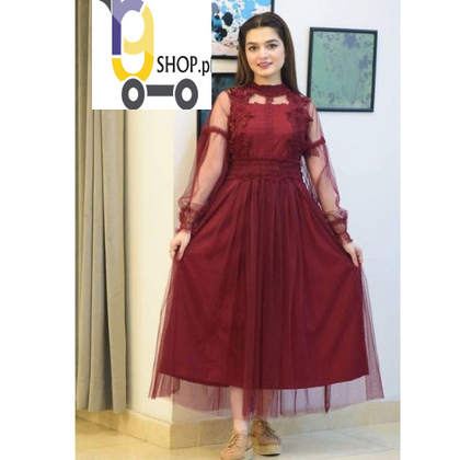 Maroon Net Stylish Frock for Women