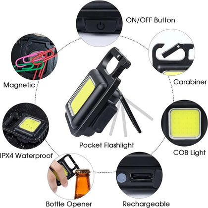 Multi-Function Rechargeable Pocket Flashlight with Magnetic Base, Carabiner, Bottle Opener, and IPX4 Waterproof COB Light