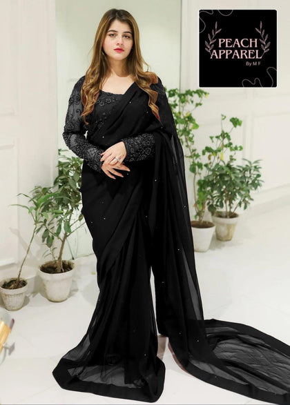 Ladies Stitched Chiffon & Silk Saree for Women & Girls – Ready to Wear Wedding Party Wear | Embroidered Pearl Fancy Designer Saree with Blouse & Petticoat | Pakistani Premium Saree | Latest Net Saree for Girls & Women