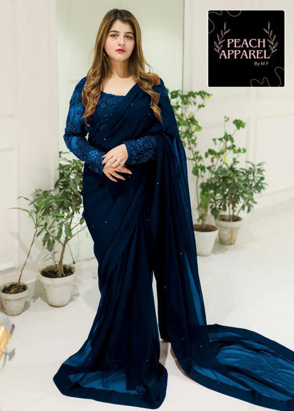 Ladies Stitched Chiffon & Silk Saree for Women & Girls – Ready to Wear Wedding Party Wear | Embroidered Pearl Fancy Designer Saree with Blouse & Petticoat | Pakistani Premium Saree | Latest Net Saree for Girls & Women