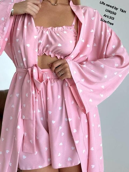 3-Piece Cotton Jersey Nighty Set for Women – Gown, Bra & Shorts | Stretchable & Comfortable Sleepwear