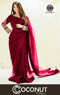 Multi Embroidered Silk Blouse with Petticoat & Pearls Attached Chiffon Saree