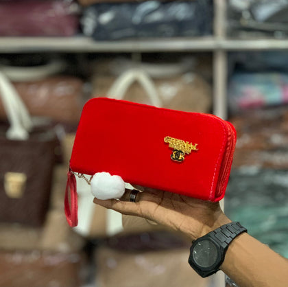Deluxe Velvet Hand Purse with Double Zippers and Keychain