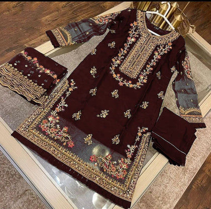 Embroidered Organza 3PC Dress with Neck & Daman Embroider