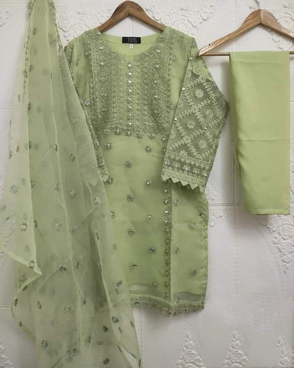 Embroidered Organza 3PC Dress with Pearls & Embroidered Dupatta