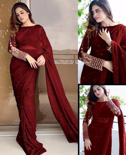 Pearl Work Chiffon Saree with Multi Sequin Embroidered Silk Blouse – 3PC Set