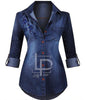 Denim Embroidery Front Open Long Shirt for Women RGshop
